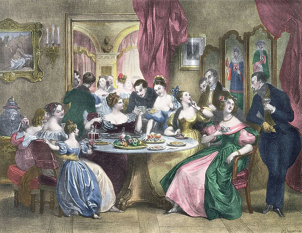Tea in high society in France, c. 1840 (colour litho)