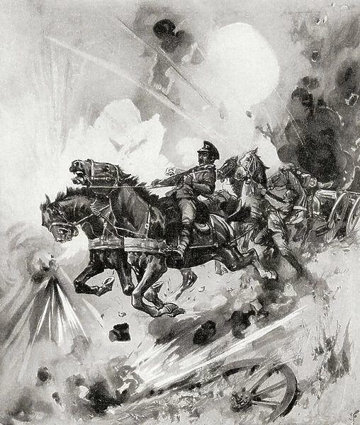 A team of horses from a British battery stampede in fright from bursting German shells during WWI (litho)
