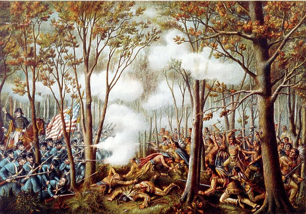 Tecumseh's War 1811-1813: Battle of Tippecanoe, 7 November 1811, fought on Indian Territory between US forces under Governor William Harrison and American Indian Confederation led by Tecumseh, a Shawnee. Print 1889