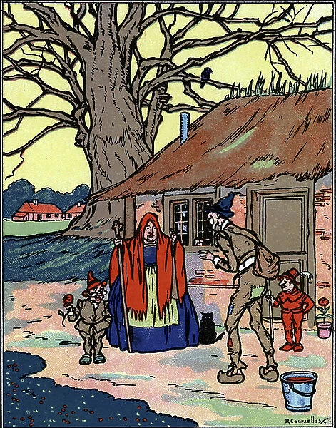 Teh flight of Picrochole who meets an old witch Illustration by Pierre Couselles (died 1938) from 'Gargantua' by Francois Rabelais, 1926 Private collection
