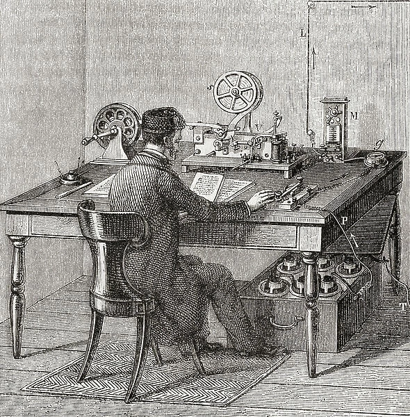 Telegraph office worker forwarding a message in Morse Code