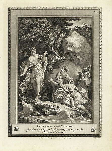 Telemaque and Mentor arrive on the island of Calypso after their shipwreck - Telemachus and Mentor arrive on the island of Calypso after their shipwreck. Copperplate engraving by C. Grignion from The Copper Plate Magazine or Monthly Treasure, G