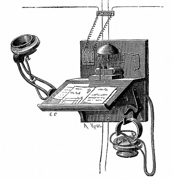 Telephone apparatus available to New York subscribers. This used an Edison transmitter and a 'pony crown' receiver (lower right of picture. Wood engraving c1891)