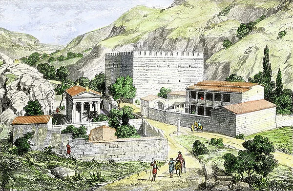 Temple of Aphrodite (left) on the road from Eleusis to Athenes, Ancient Greece. Colouring engraving of the 19th century
