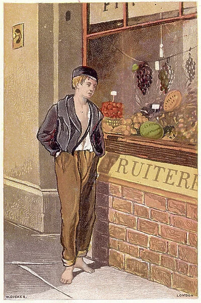 Temptation: Poor shoeless boy looking longingly at fruits on display in a shop window, c.1880 (chromolithograph)