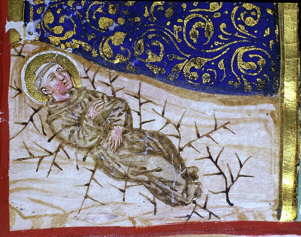 Tentation de Saint Benoit de Nursie (ne a Nurcie (Nurcia) en Ombrie vers 480 - 527) : pour le tenter, le demon fait danser autour de lui des courtisanes nues. Pour y echapper, il se mortifie en se roulant dans un buisson d'epines