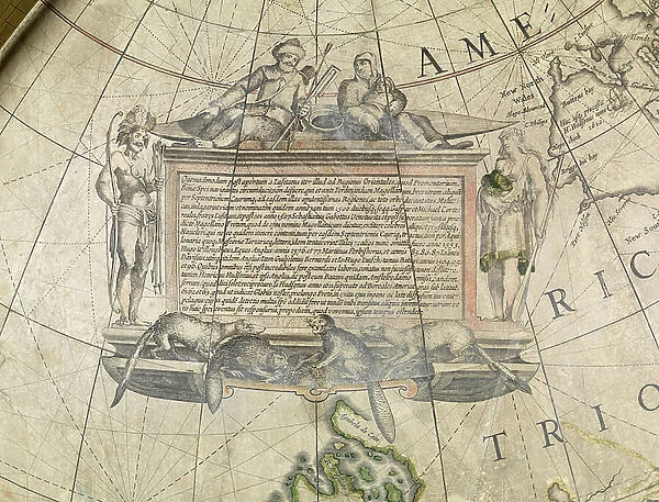 Terrestrial floor globe, detail of Cartouche, c.1650 (papier mache, plaster, copper-engraved, ink, varnish, brass, wood, paper)