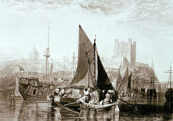Thames barge carrying hay, a prison hulk and other shipping at Rochester, on the River Medway, 1822 (mezzotint)