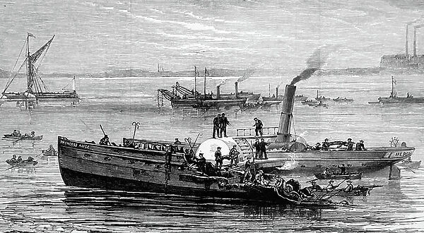 Thames Conservancy steam launch moored over the wreck of the steamer Princess Alice, near Woolwich, 1850