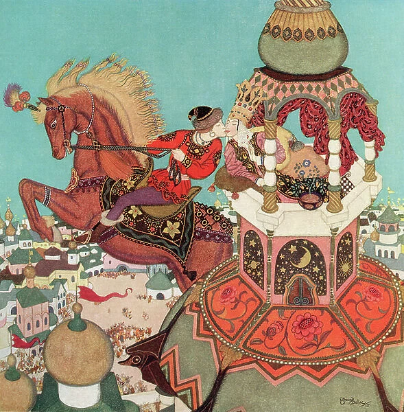 'The chestnut horse seemed to linger in the air at the top of its leap while that kiss endured', illustration from the Russian fairytale Ivan and the Chestnut Horse, from Edmund Dulac's Fairy-Book: Fairy Tales of the Allied Nations, pub.1916