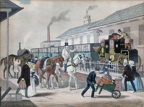 The Last of the Coaches'. The Royal Mail coach service, begun in the 1780s, flourished until the coming of the railways in 1830. (c1845). Lithograph