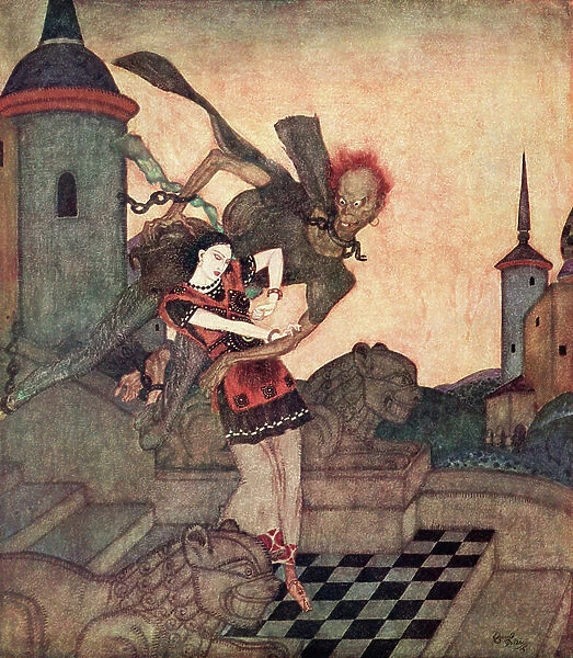 'The Prince, looking out, saw him snatch up the Princess and soar rapidly away', illustration from the Serbian fairytale The Story of Bashtchelik, from Edmund Dulac's Fairy-Book: Fairy Tales of the Allied Nations, pub.1916