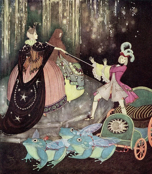 'The Prince took a carriage drawn by three great frogs with great big wings. Truitonne came out mysteriously by a little door', illustration from the French fairytale The Blue Bird, from Edmund Dulac's Fairy-Book: Fairy Tales of the Allied Nations