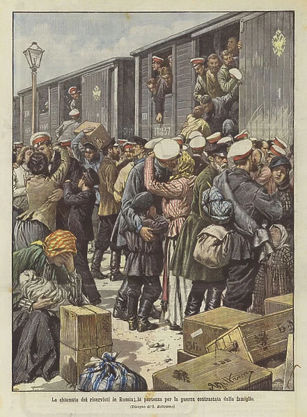 The call of the reservists to Russia, the departure for the war opposed by families (colour litho)