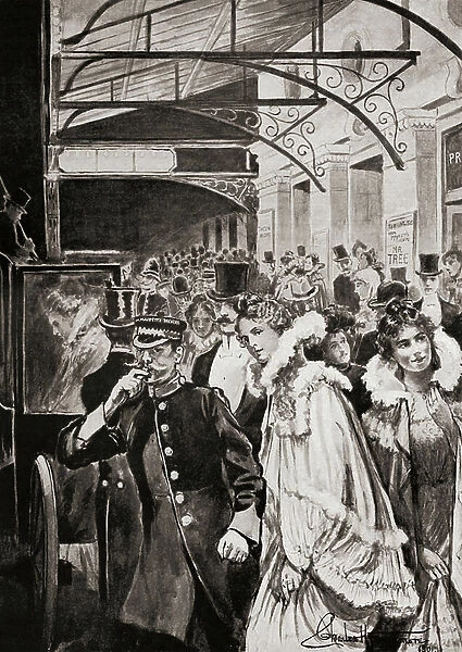 Theatre goers leaving Her Majesty's Theatre, Haymarket, London, England in the late 19th century. From Living London, published c.1901