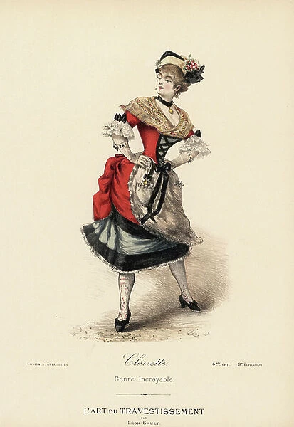 Theatrical costume Clairette Angot (Pauline Luigini in Charles LeSocq's comic opera La fille de Madame Angot). Straw hat, satin frichu, cashmere silk dress, apron with velvet ribbons