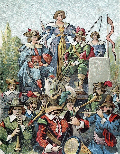 The thespis wagon, chariot carrying comedians and musicians though the city. End of the 19th century (chromolithograph)