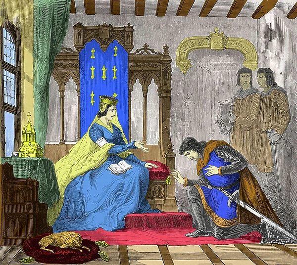 Thibaut IV Count of Champagne at the feet of the White Queen of Castile to warn her of danger (engraving)