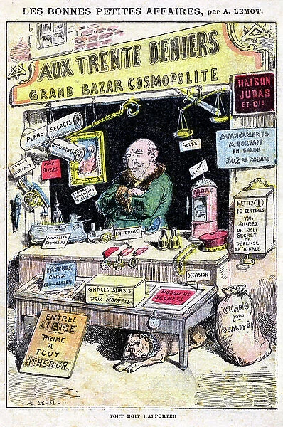 At thirty deniers, a cosmopolitan bazaar 'Everything must pay off' (antisemitic cartoon), 1909 (print)
