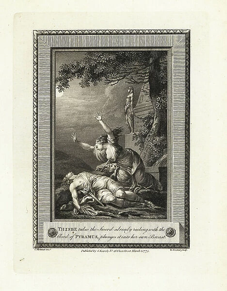 Thisbe takes the sword already reeking with the blood of Pyramus and plunges it into her own breast. Copperplate engraving by W. Walker after an illustration by C. Monnet from The Copper Plate Magazine or Monthly Treasure, G. Kearsley, London, 1778