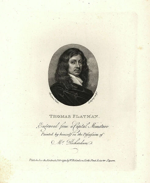 Thomas Flatman, English poet and miniature painter, 1635-1688. Engraved by Godefroy from a miniature portrait by Flatman, 1661. Copperplate engraving from William Richard's Portraits Illustrating Granger's Biographical History of England, London