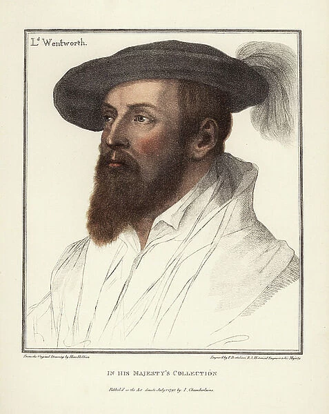Thomas Wentworth, 1st Baron Wentworth, 6th Baron le Despencer (1501-1551), English peer and broker. Handcoloured copperplate engraving by Francis Bartolozzi after Hans Holbein from Facsimiles of Original Drawings by Hans Holbein, Hamilton, Adams