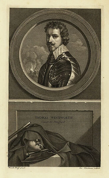 Thomas Wentworth, 1st Earl of Stafford, English statesman. Comte de Stafford. In lace collar over a suit of armour. With death mask, axe and baton below