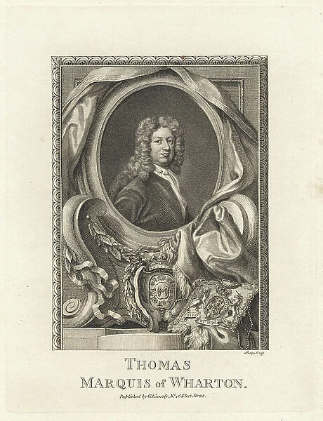 Thomas Wharton, 1st Marquess of Wharton, debauched English nobleman and politician, 1648-1715. With his Copperplate engraving by William Sharp after a painting by Sir Godfrey Kneller from The Copper Plate Magazine or Monthly Treasure, G