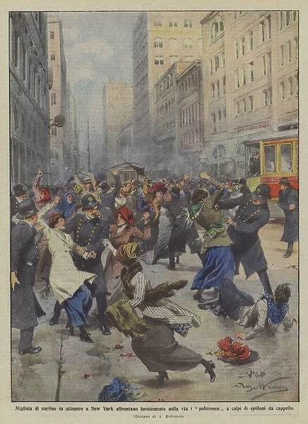 Thousands of tailors on strike in New York face the policemen fiercely in the street... (colour litho)