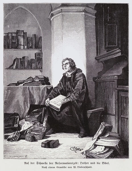 On the threshold of the Protestant Reformation: Martin Luther with the Bible (engraving)