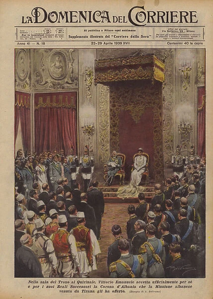 In the Throne Room at the Quirinale, Vittorio Emanuele officially accepts for himself and his... (colour litho)