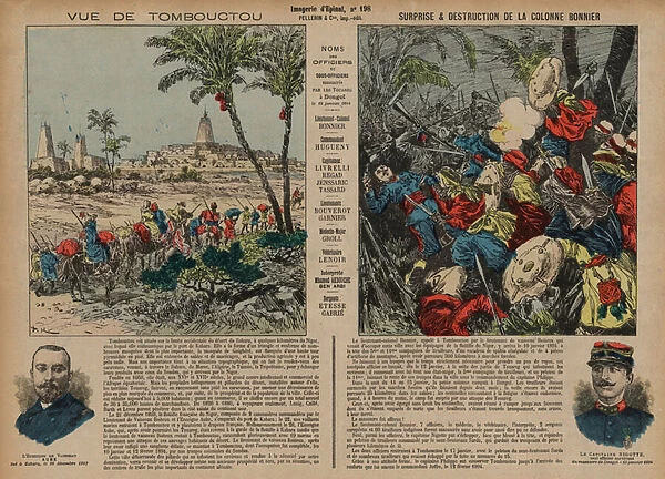 Timbuktu, and the fatal ambush of a column of French troops commanded by Lieutenant-Colonel Eugene Bonnier, 15 January 1894 (coloured engraving)