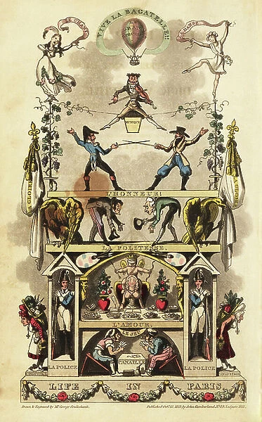 Title page with balloonist, dancers, fencers, fiddler, workers, police and riff-raff. Handcoloured copperplate engraving by George Cruikshank from David Carey's Life in Paris, the Rambles, Sprees and Amours of Dick Wildfire, Fairburn, London, 1822