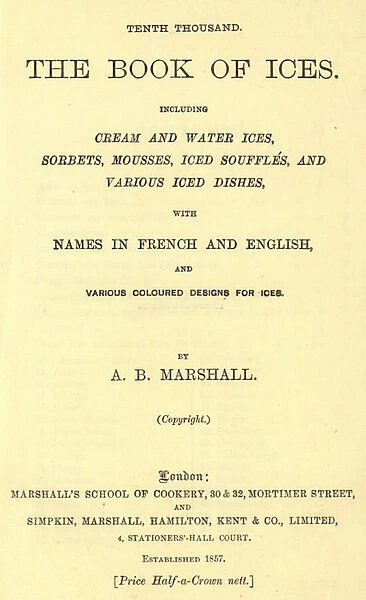 Title page of the Book Of Ices by Agnes Marshall (litho)