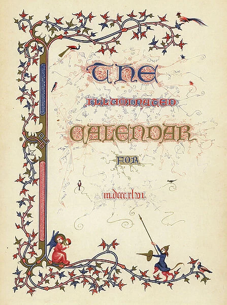 Title page with calligraphy and decorative design with foliage, birds. angel and mythical creature with lance and shield. From an illuminated Book of Hours of the Duke the Anjou. 1380