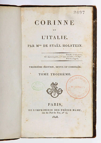 Title page of Corinne ou l Italie, 3rd revised and enlarged edition