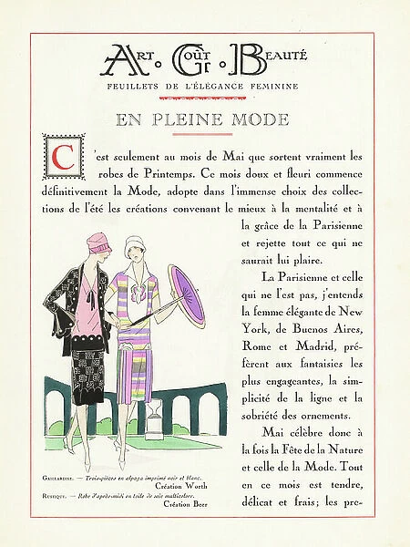 Title page of the fashion magazine Art, Gout, Beaute, with two elegantly young women walking in a park, one wears a three-piece set printed in alpaca and the other a multicolored silk dress and an umbrella, 1926 - Title page of Art, Gout, Beaute