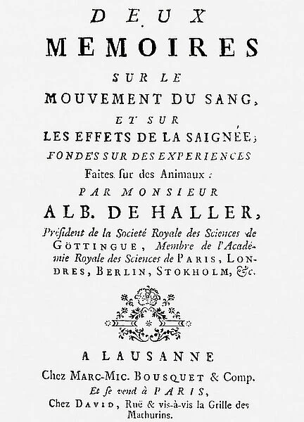 Title page of Haller's Deux memoires sur le mouvement du sang, 1756