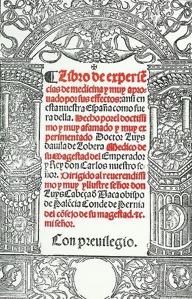 Title page of Libro de Experiencias de Medicina, Toledo, 1544, by Luis Lobera de Avila, born in Avila in the late 15th century. 16th century (book)