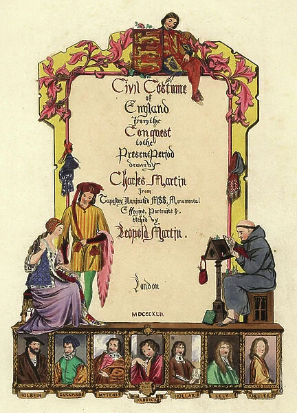 Title page with a monk, a lady and a heraut, surmounted by an ecu. With portraits of the artists who inspired the images of the collection: Hans Holbein (1497-1543), Federico Zuccaro (1542-1609), Daniel Mytens the Elder (circa 1590-1647 or 1648)