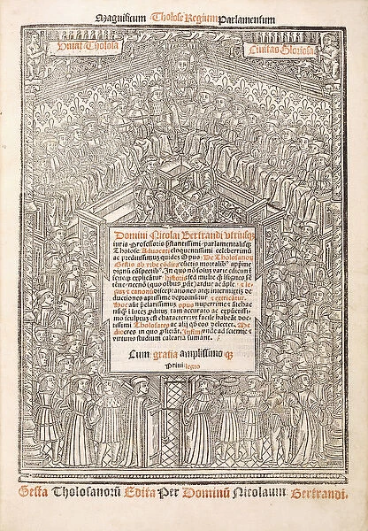 Title-page showing the Parliament of Toulouse, 1515 (red and black inks within a woodcut)