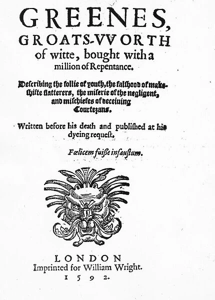 Titlepage to Greenes Groats-Worth of Wit, attributed to Robert Greene