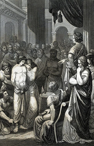 Titus and Tiberius, son of Brutus (Lucius Junius Brutus) founder of the Roman republic are arrested for plotting against their father with Tarquin the superb, 509 BC (Tarquinian conspiracy; Titus Junius Brutus and Tiberius Junius Brutus)