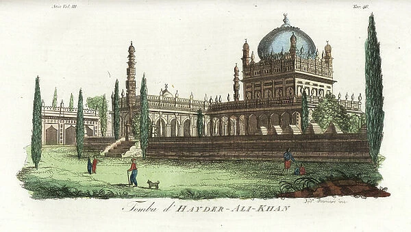Tomb of Hyder Ali Khan, Sultan of Mysore, India. Handcoloured copperplate drawn and engraved by Andrea Bernieri from Giulio Ferrario's Ancient and Modern Costumes of all the Peoples of the World, Florence, Italy, 1844
