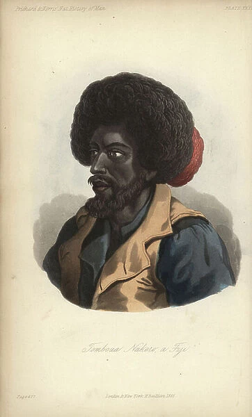 Tomboua Nakoro, a native of Fiji, with distinctive dyed red hair, wearing shirt and sleeveless jacket. Taken from Urville. Handcoloured lithograph by J. Bull from James Cowles Prichard's Natural History of Man, Balliere, London, 1855