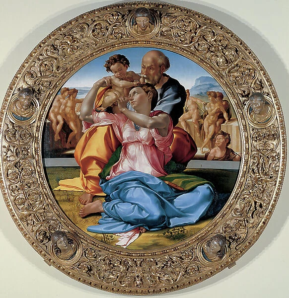 Tondo Doni - The Holy Family, 1503-1504, by Michelangelo Buonarroti dit Michel Ange (Michelangelo or Michelangelo, 1475-1564), Uffizi Gallery - Florence