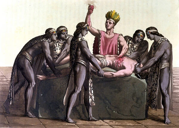 Topiltzin (high priest of ancient Mexican civilizations) making a human sacrifice - in 'The ancient and modern costume'by J. ferrario, 1819 - 1820. Bibl. Arts Deco