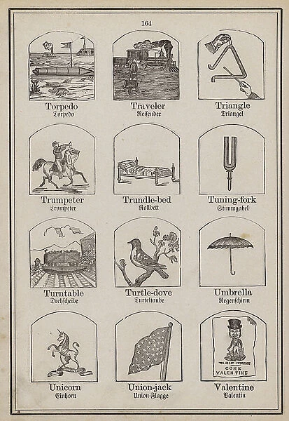 Torpedo, Traveler, Triangle, Trumpeter, Trundle-bed, Tuning-fork, Turntable, Turtle-dove, Umbrella, Unicorn, Union-jack, Valentine (engraving)