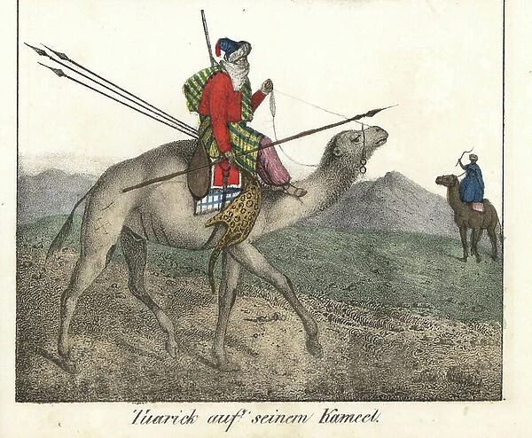 Touareg rider on his camel (North Africa). Lithography for the book: ' Galerie complete en tableaux fideles des peuples d'Afrique' by Friedrich Wilhelm Goedsche (1785-1863), edition Meissen (Germany), 1835-1840