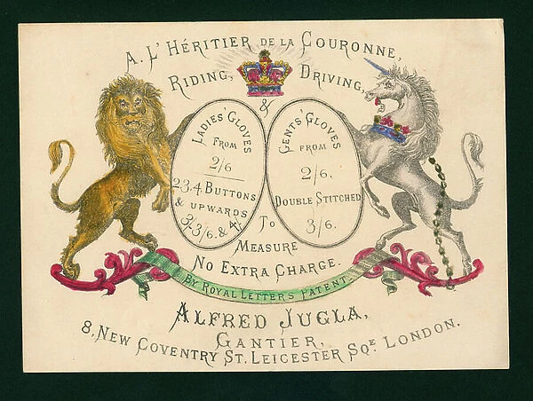 Trade card for Alfred Jugla, glover, London (colour litho)